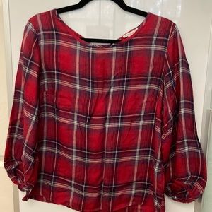Red and blue plaid blouse